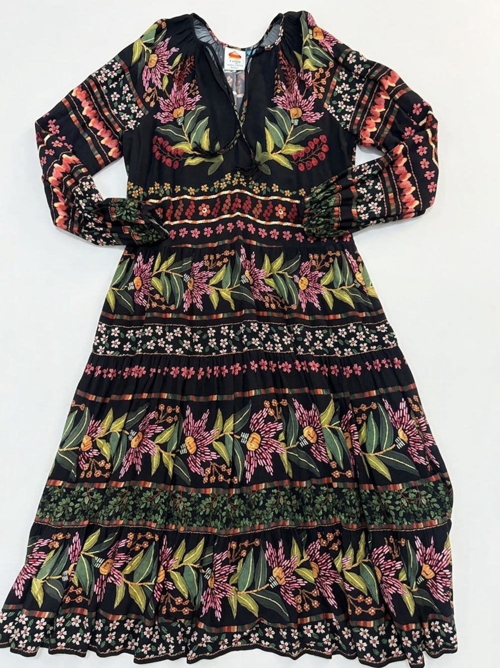 FARM Rio for Anthropologie Black Floral V-Neck Dress Size Small
